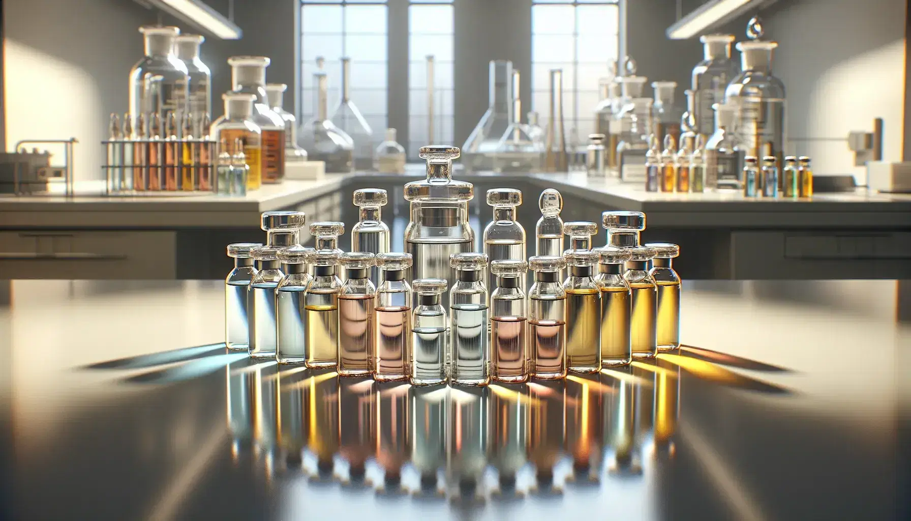 Collection of glass test tubes with liquids colored from pale yellow to dark amber arranged in a semicircle on a reflective laboratory bench.