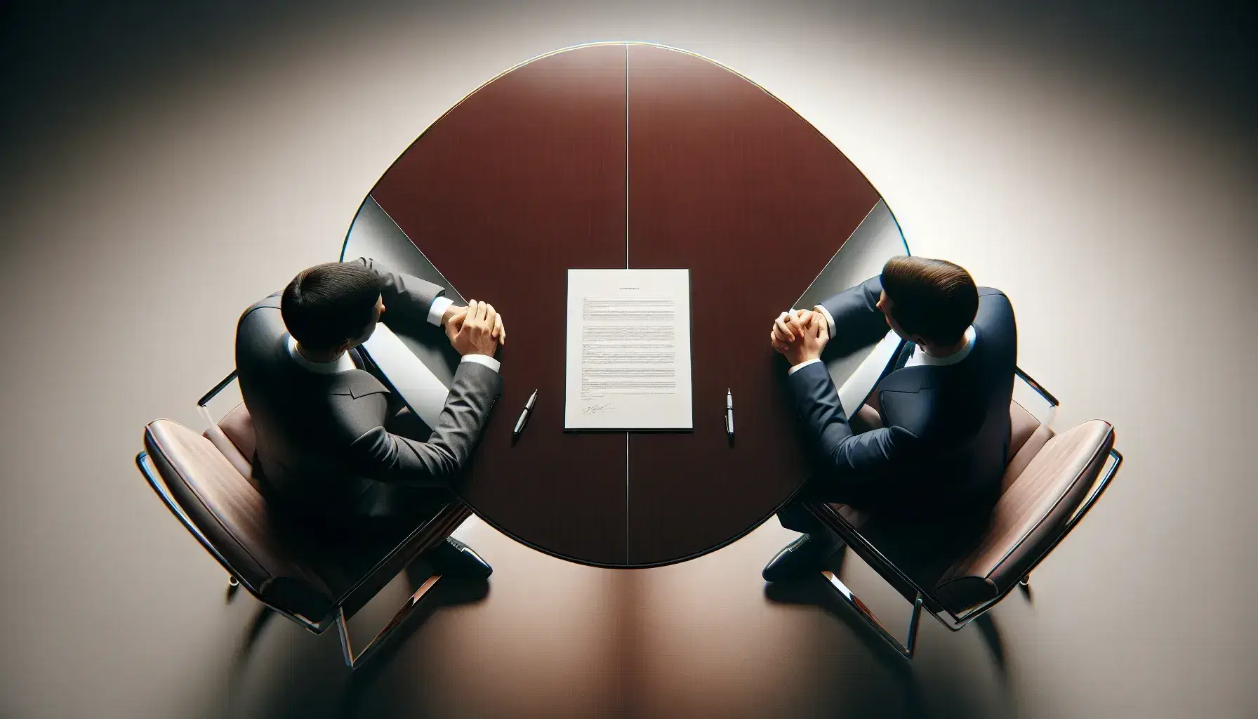 Two professionals in business suits negotiate at a polished mahogany table with a document and silver pen between them in a modern office setting.