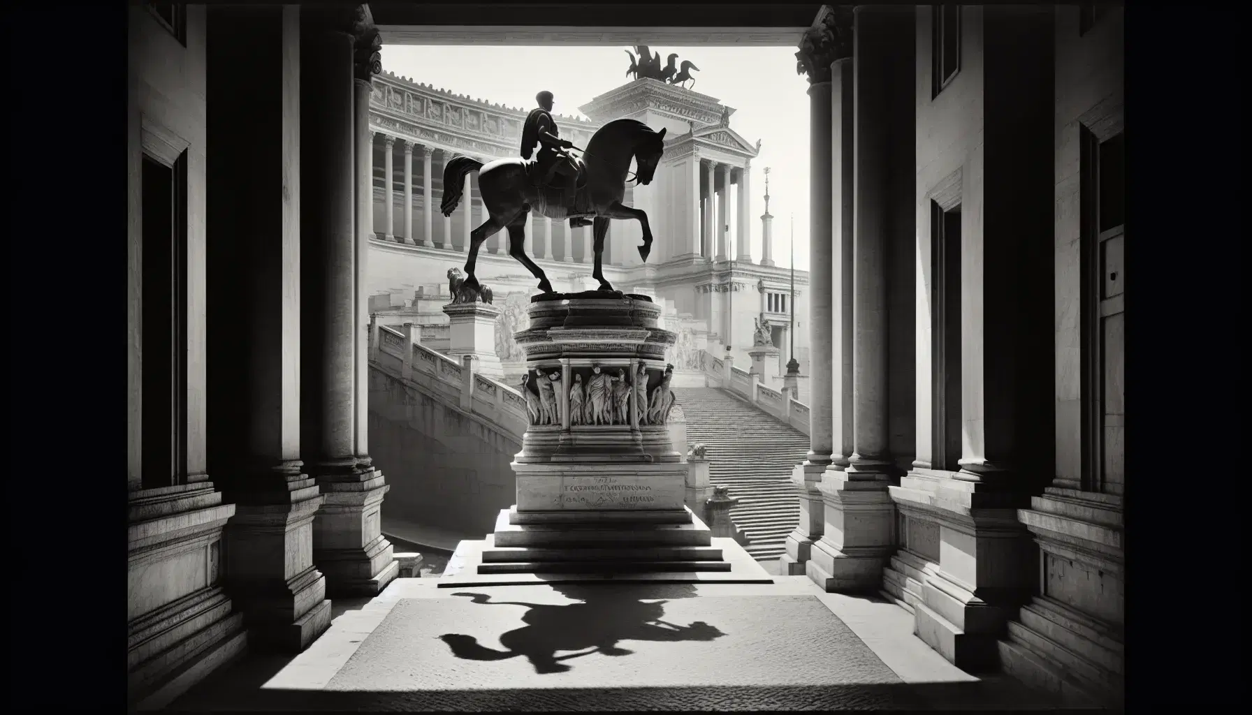 Statua equestre in bianco e nero di uomo in uniforme militare su cavallo impennato a Roma, con struttura marmorea colonnata sullo sfondo.
