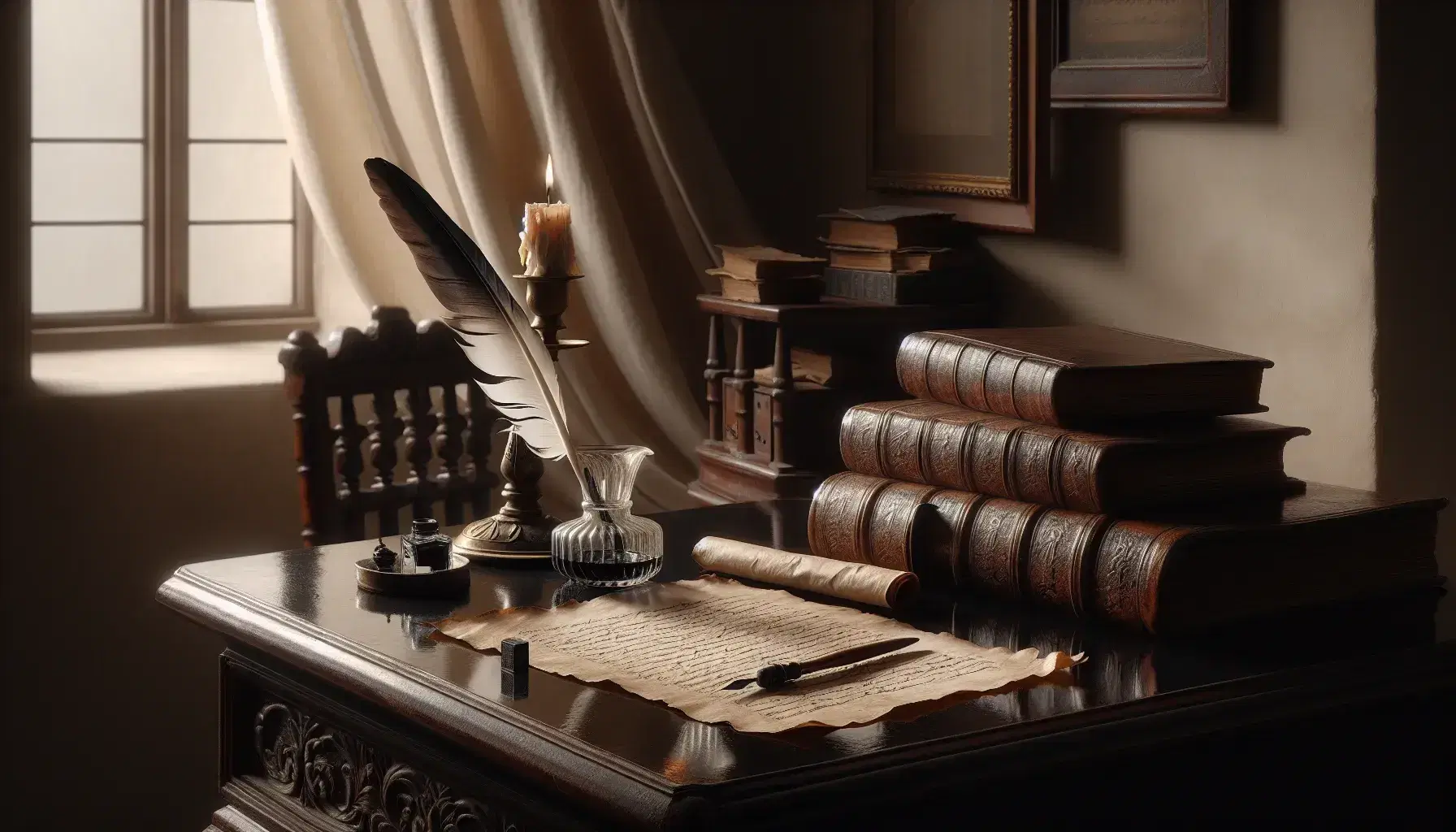 Scrivania in legno scuro con calamaio, penna d'oca, rotolo di pergamena, libro rilegato in pelle e candela in ottone in una stanza crema.