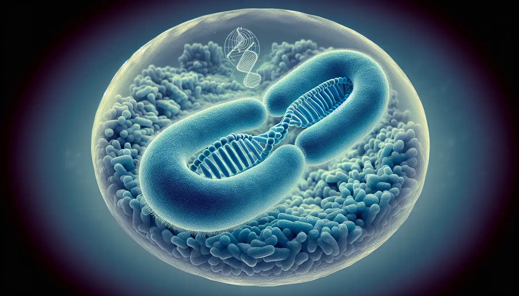 E. coli bacterium undergoing binary fission with nucleoid in evidence, circular plasmid in the background and mitochondrion in the foreground.
