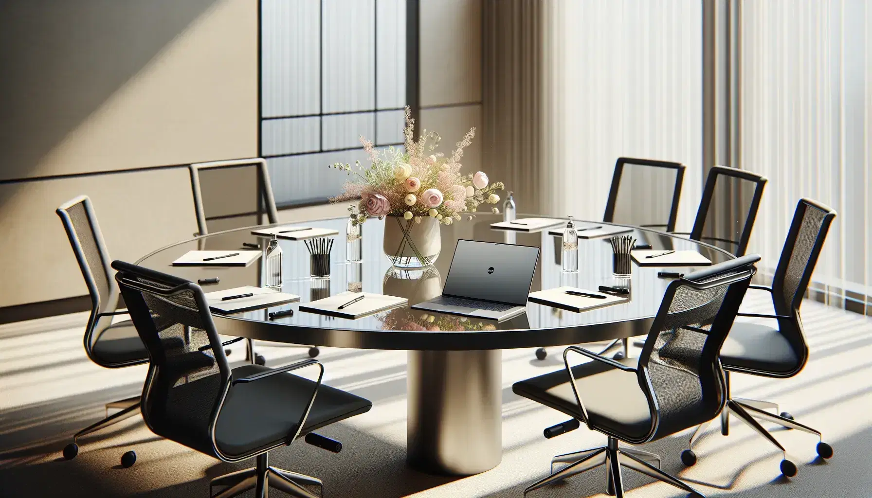 Round conference table with ergonomic chairs, laptop, papers, pens, and a vase of fresh flowers in a bright room with a large window.