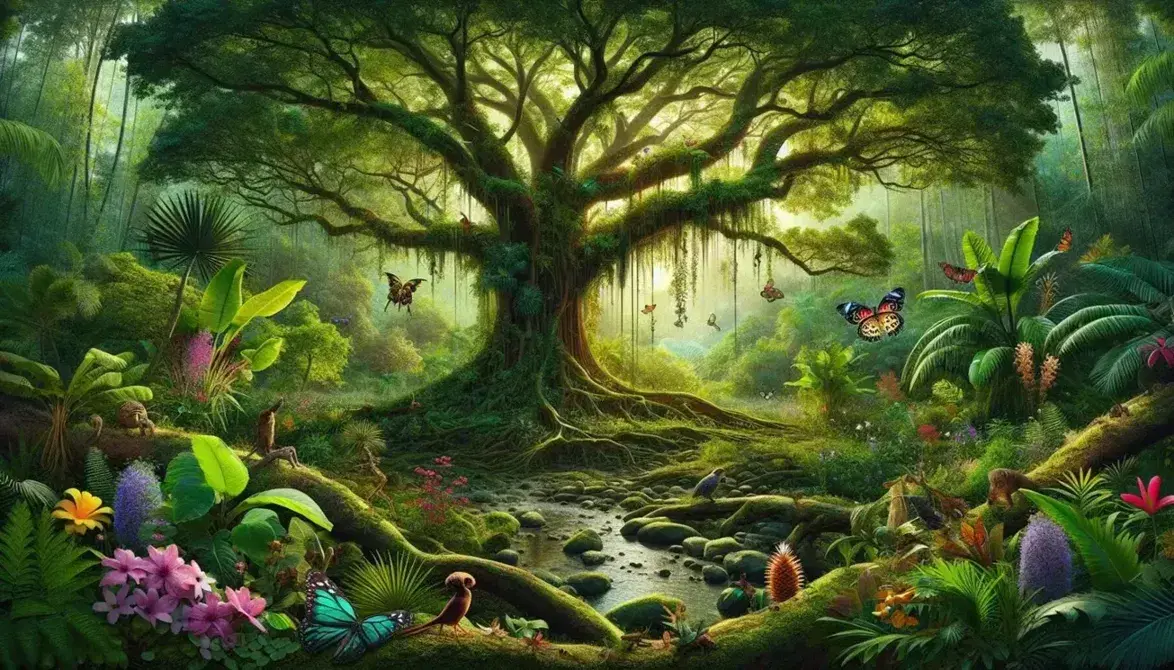 Foresta pluviale con albero maestoso, foglie verdi, fiori colorati, uccello multicolore, farfalla e lucertola, ruscello cristallino.