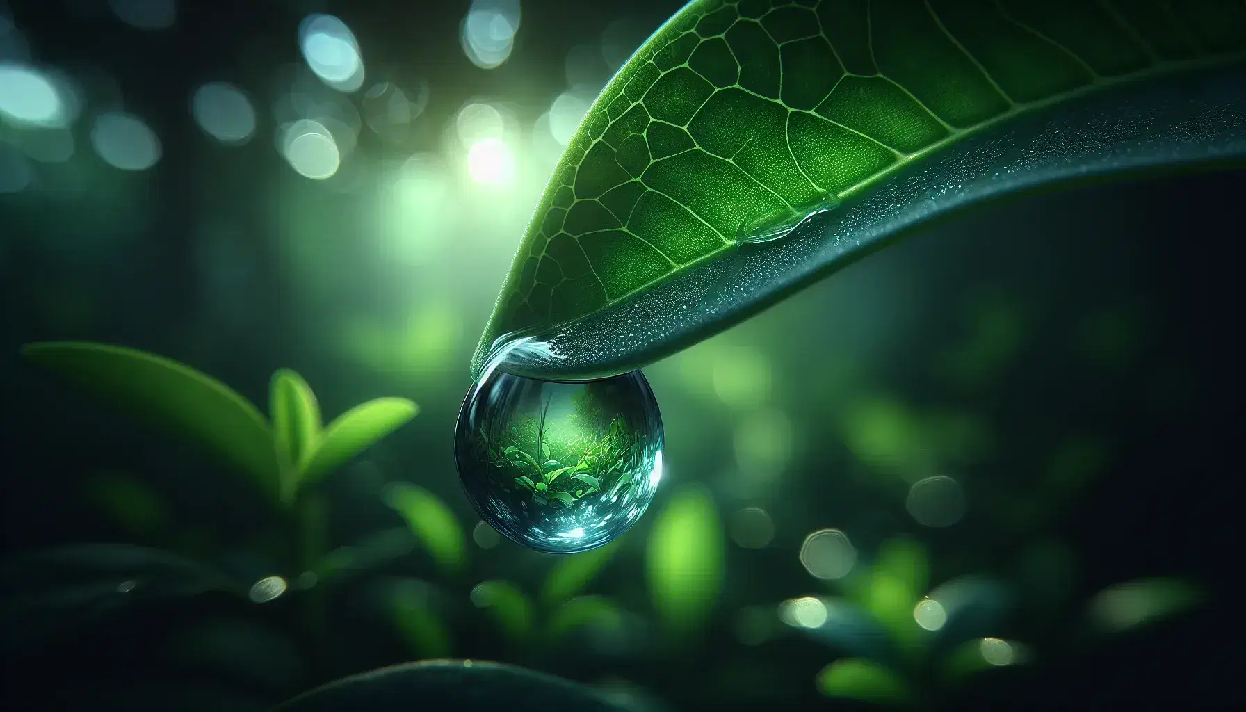 Close-up of a glistening water droplet on the verge of falling from the tip of a vibrant green leaf, with a softly blurred natural background.