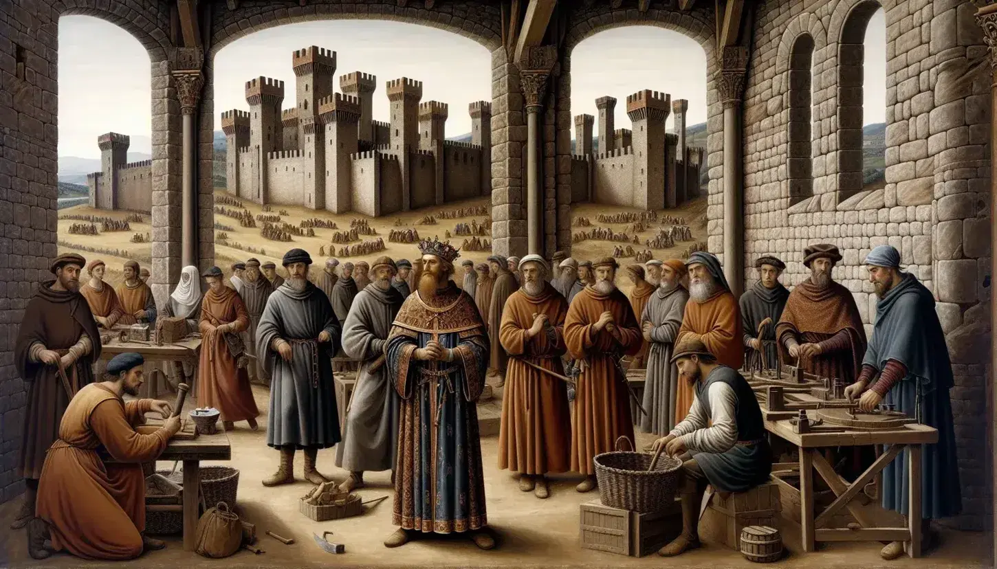 Scena medievale in un castello italiano del X secolo con nobili in abiti colorati, contadini al lavoro e paesaggio collinare sullo sfondo.