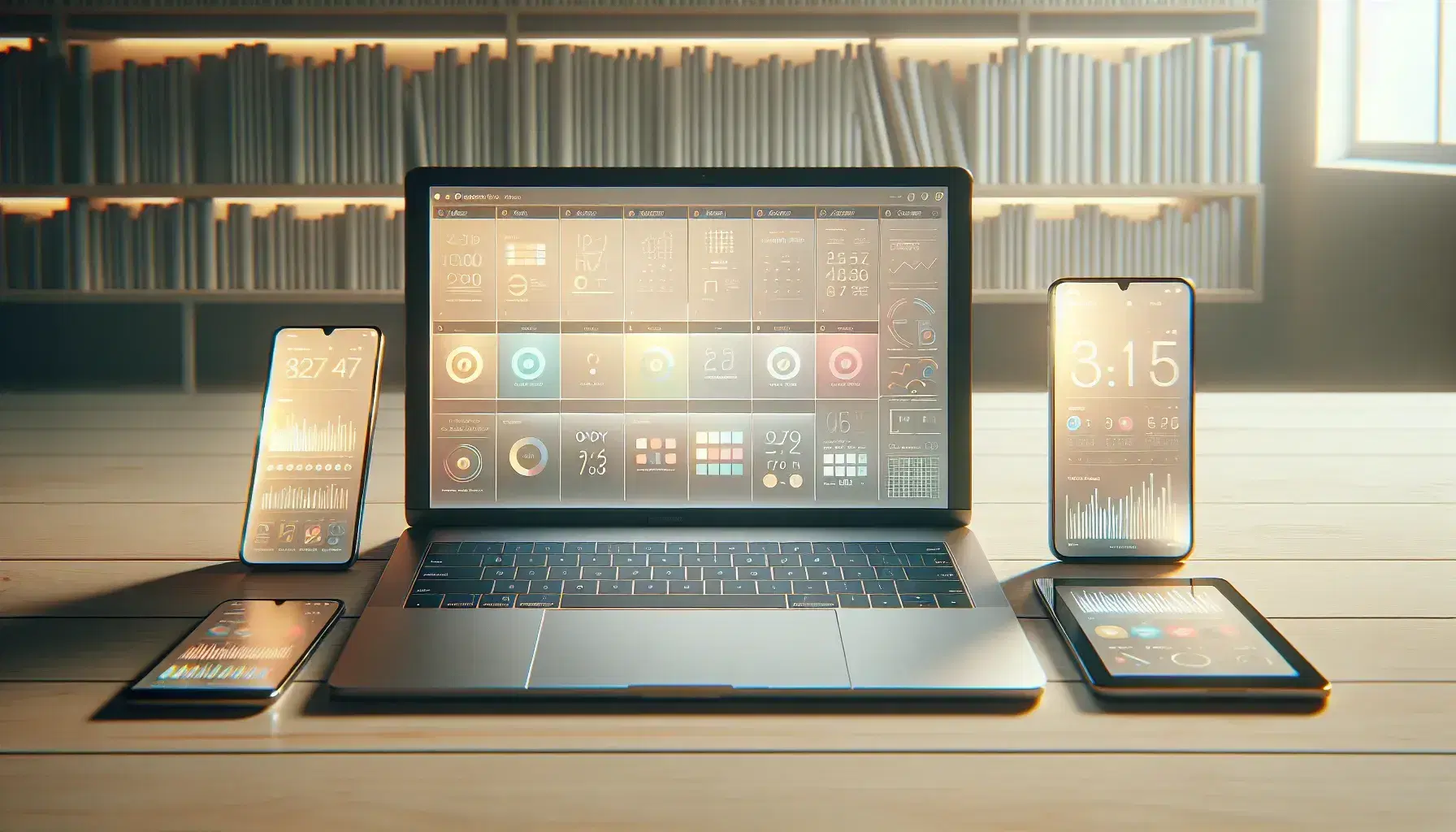 Mesa de madera clara con portátil abierto, smartphone y tablet mostrando interfaces gráficas y gráficos abstractos, fondo desenfocado con estantería de libros.
