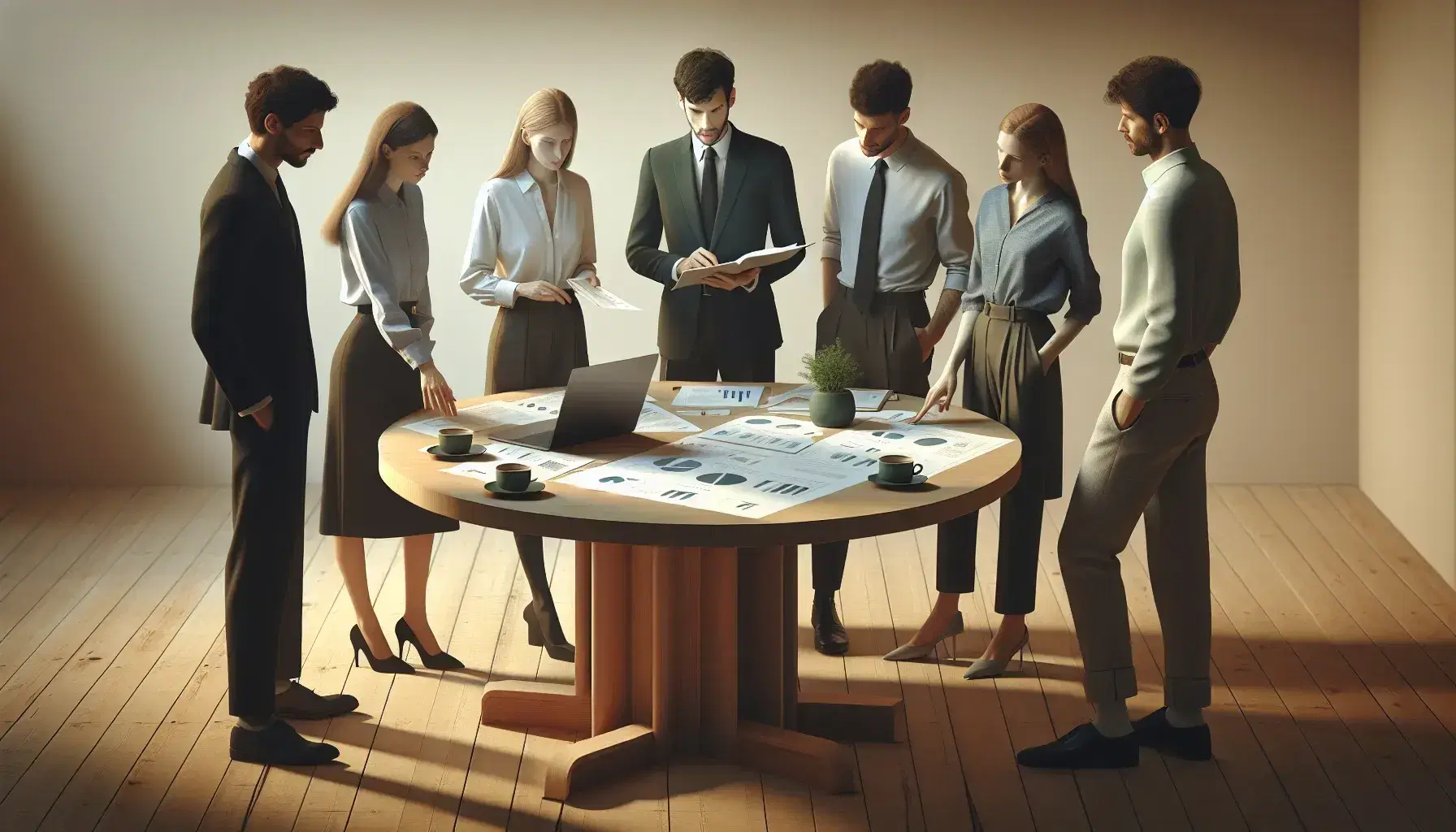 Grupo de cinco profesionales en reunión de trabajo alrededor de una mesa redonda con un portátil, documentos, café y planta, discutiendo activamente en una sala iluminada suavemente.