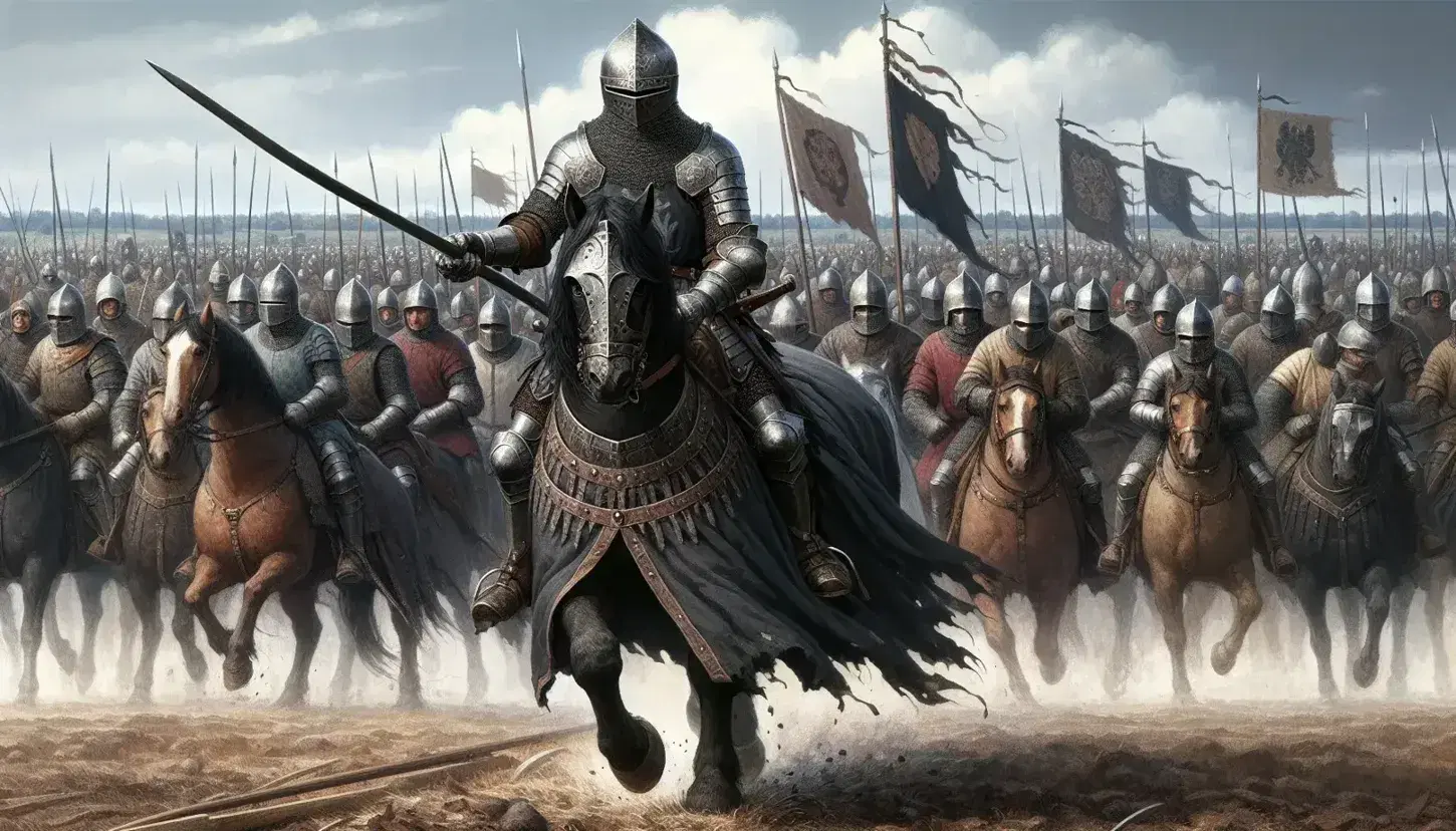 Cavaliere in armatura su cavallo marrone con lancia pronta, soldati e arcieri in battaglia medievale, cielo azzurro con nuvole.