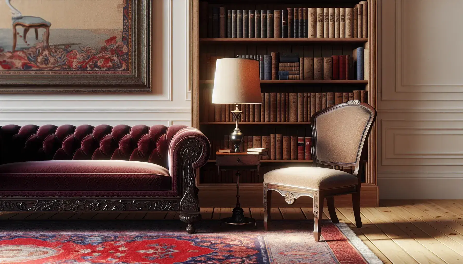 Sofá antiguo de terapia psicoanalítica en terciopelo rojo oscuro con silla de madera clásica y estantería llena de libros, en un ambiente sereno con alfombra persa.
