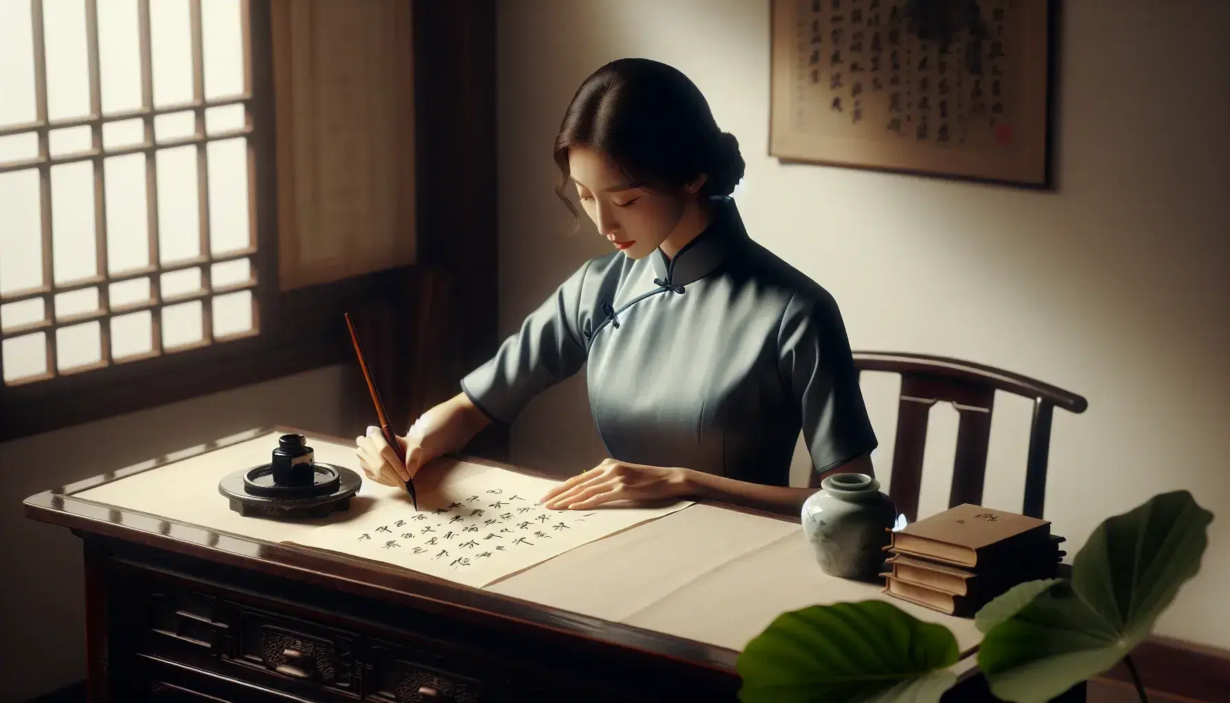 Chinese woman in blue qipao writing with brush on rice paper at traditional desk, with inkstone, ink stick, and porcelain water dropper nearby.