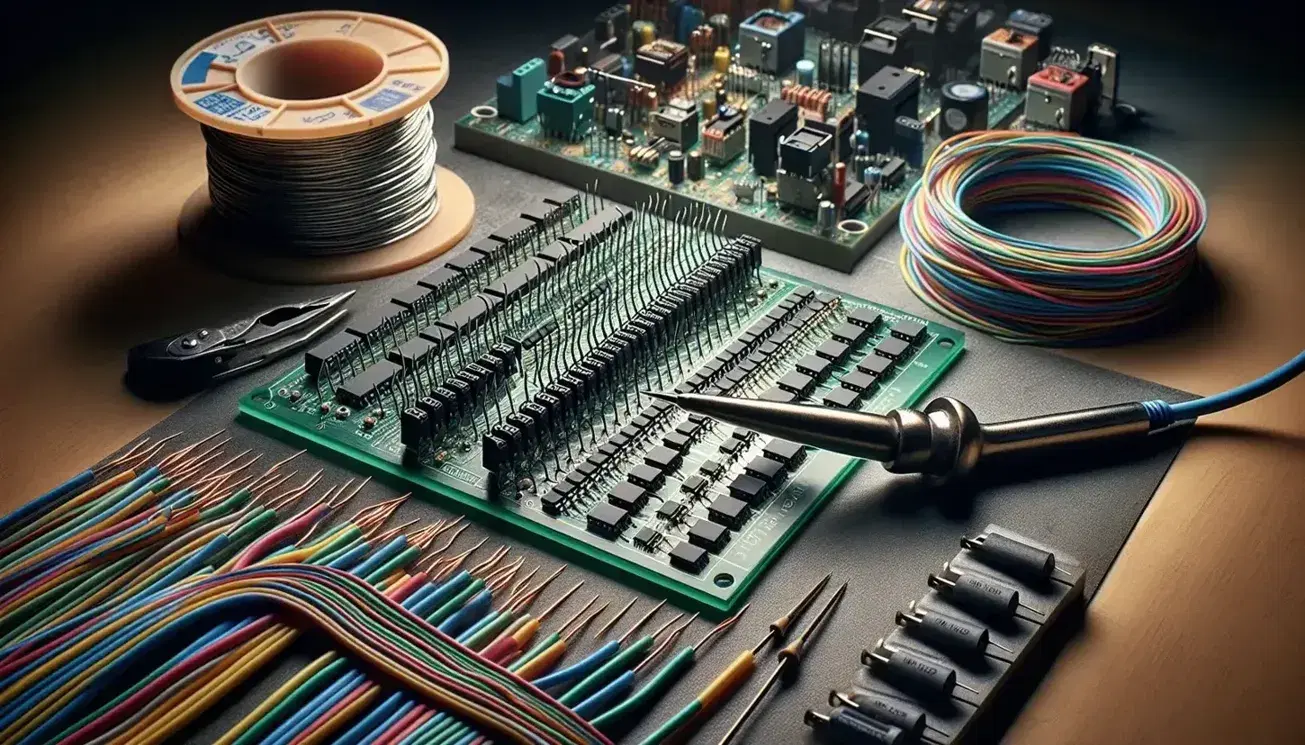 Close-up of an electronics workstation with soldering iron, tin wire, integrated circuit on green board, colored wires and magnifying glass.