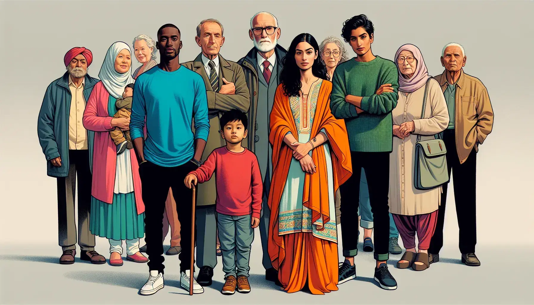 Diverse group in semi-circle with African man in blue, South Asian woman in orange, East Asian man in green, others behind in urban setting.