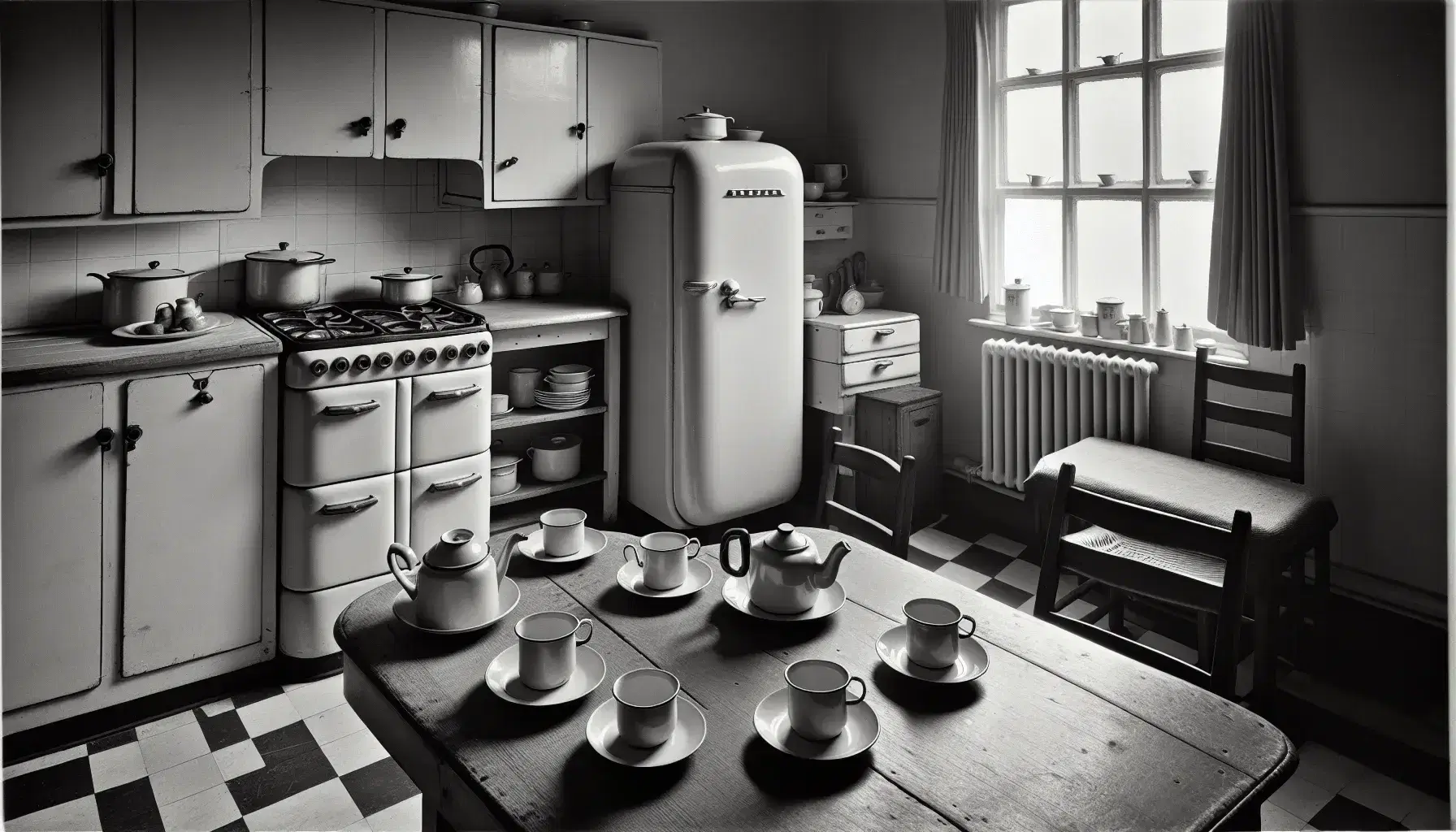 Vintage mid-20th-century kitchen with wooden table, ceramic teapot, cups, stove with pots, sink, window, and checkered linoleum floor.