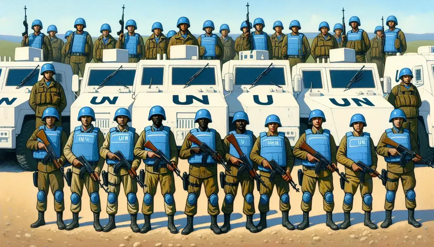 UN peacekeepers in blue helmets and vests, holding rifles, stand in line before white armored vehicles, with rolling hills under a clear sky in the background.