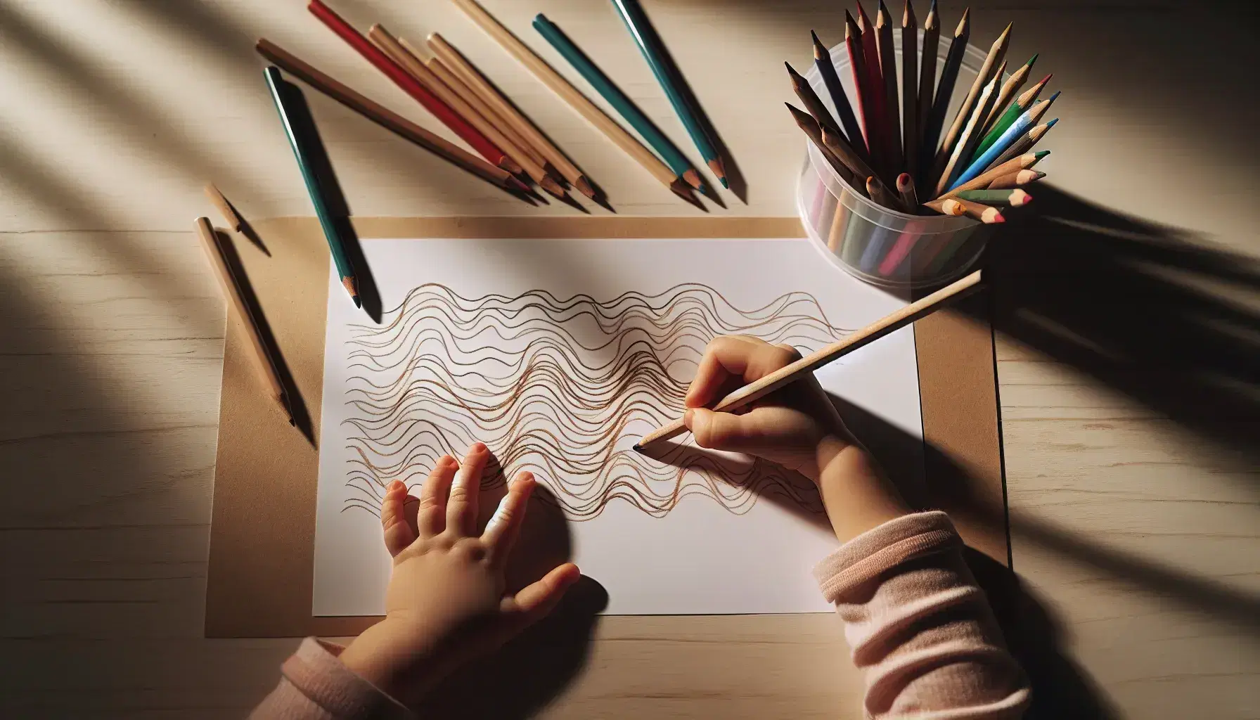 Mano de niño pequeño sosteniendo lápiz de madera y trazando líneas onduladas en papel blanco, junto a contenedor con lápices de colores sobre mesa de madera iluminada naturalmente.