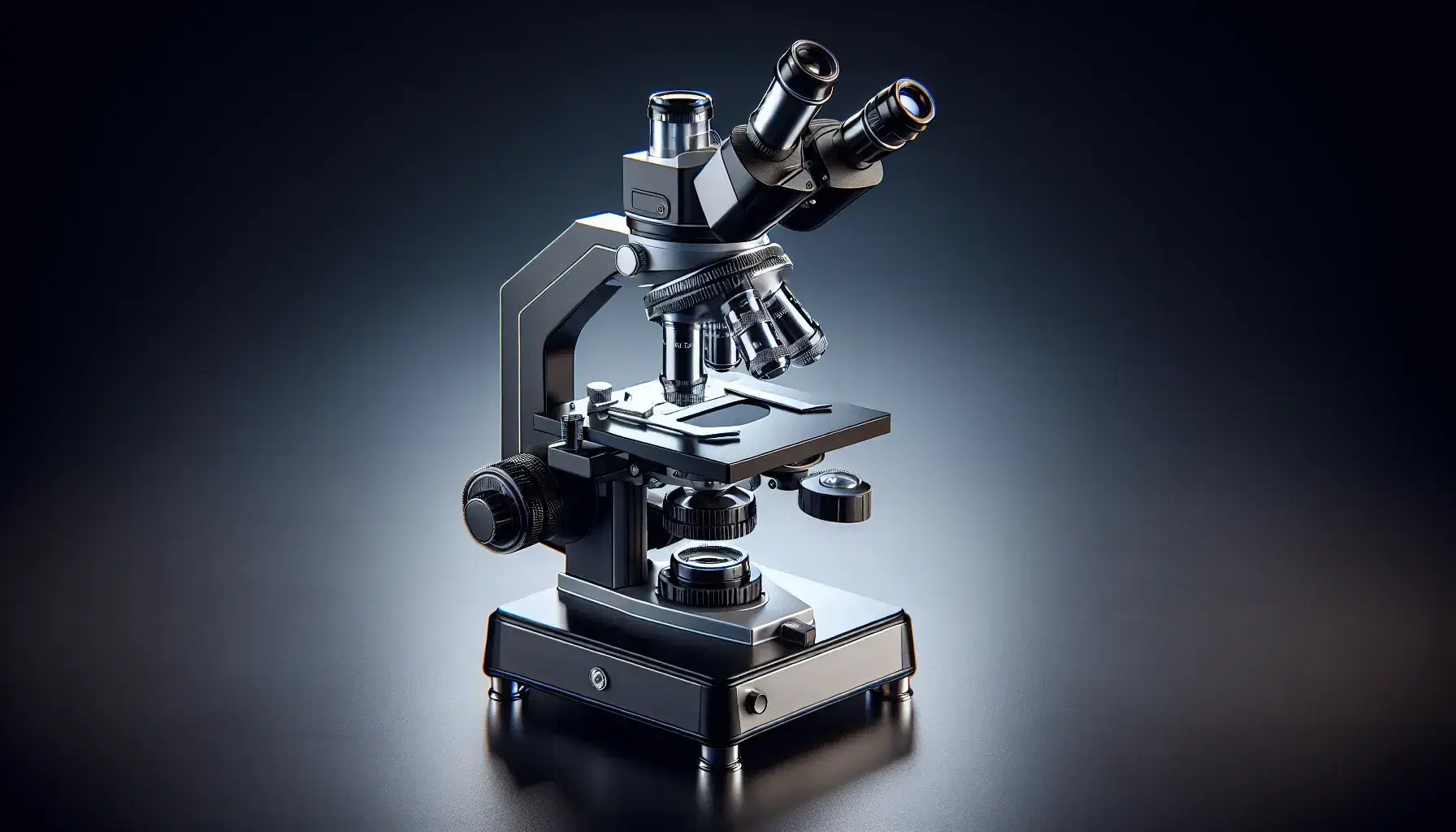 Microscopio compuesto moderno en laboratorio con base negra, brazo metálico, ocular, revolver con tres objetivos, tornillos de ajuste, platina con portaobjetos y sistema de iluminación LED.