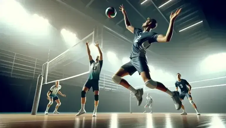 Giocatore di pallavolo in azione per un colpo alzato, con compagni pronti in difesa su campo da gioco in parquet.