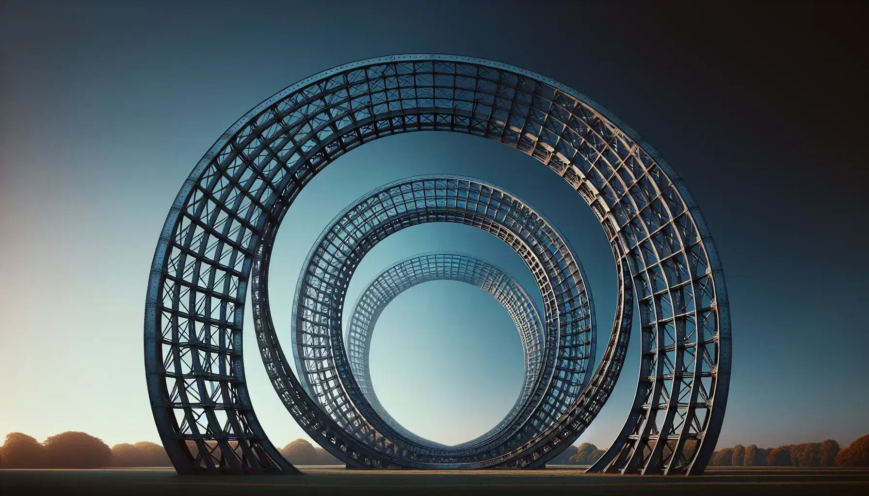 Symmetrical parabolic arch made of interconnected metallic beams against a clear blue sky, with soft sunlight highlighting its structural elegance.