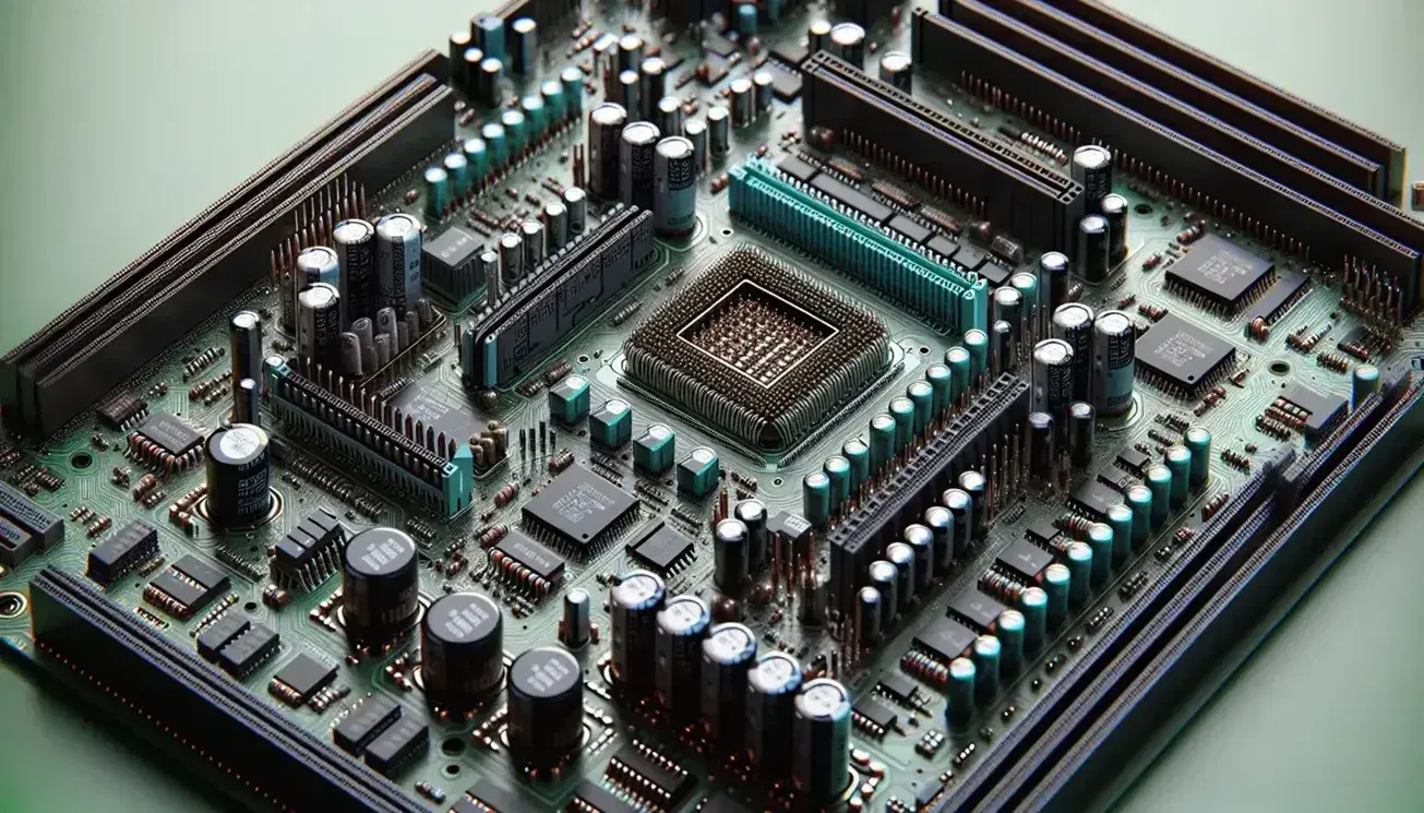 Close-up view of a computer motherboard with CPU socket, memory slots, capacitors, resistors, and integrated circuits on a green PCB.