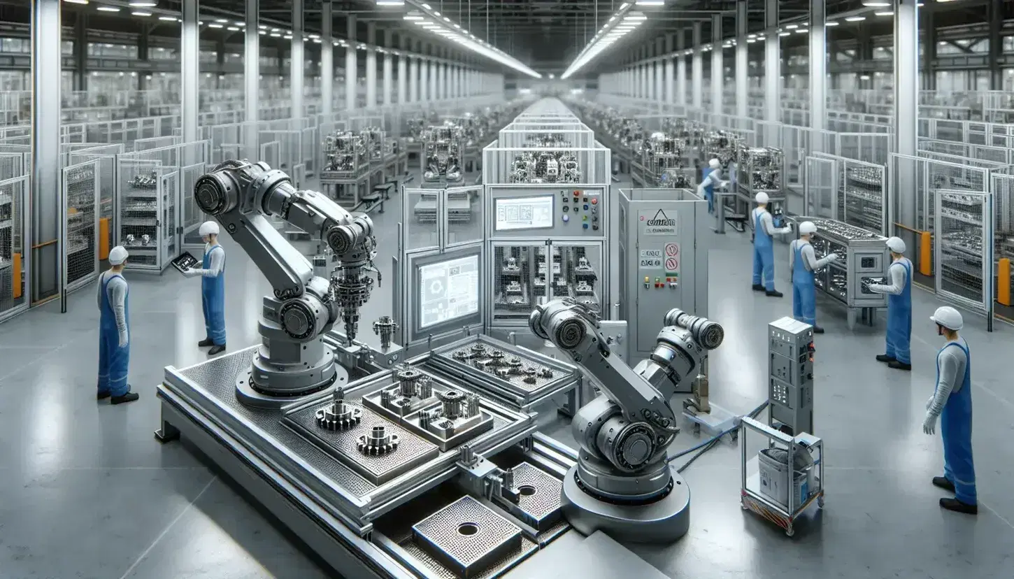 Planta industrial con línea de ensamblaje automatizada y brazos robóticos manipulando piezas metálicas, trabajadores en uniforme supervisan la producción.