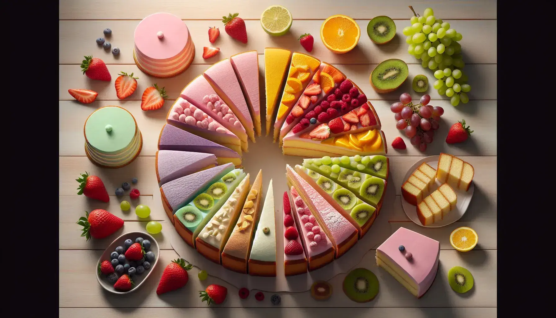 Pasteles redondos en tonos pastel cortados en porciones sobre mesa de madera, rodeados de frutas frescas como uvas, fresas y kiwis.