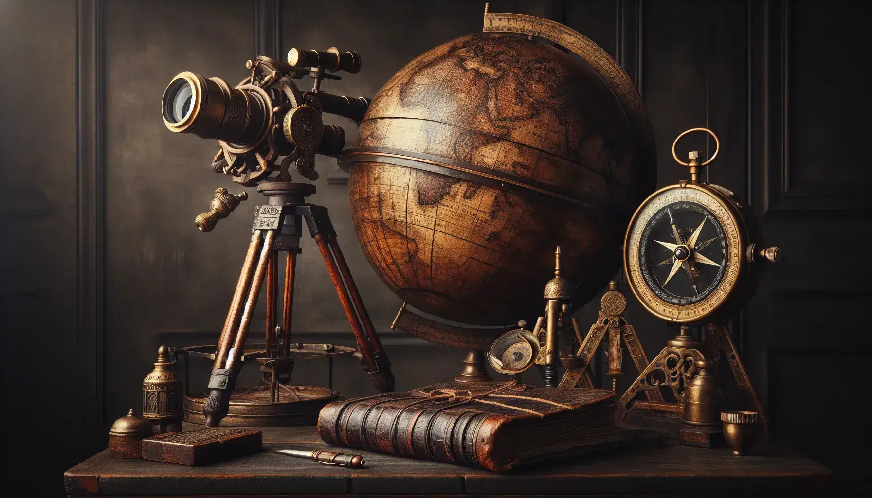 Antique collection with carved wooden globe, rusty sextant, leather diary, brass telescope and bronze compass on dark surface.
