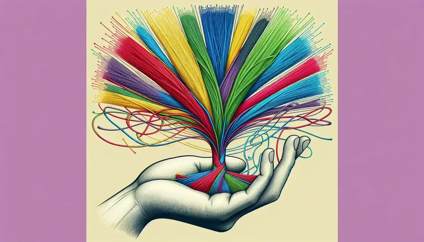 Mano sujetando hilos de colores que se extienden en varias direcciones sobre fondo neutro, destacando la intersección central y la tensión de los hilos.