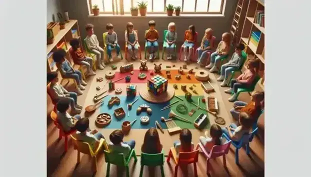 Bambini e adolescenti multietnici seduti in cerchio su sedie colorate in aula, interagiscono con giochi logici e strumenti musicali sotto luce naturale.