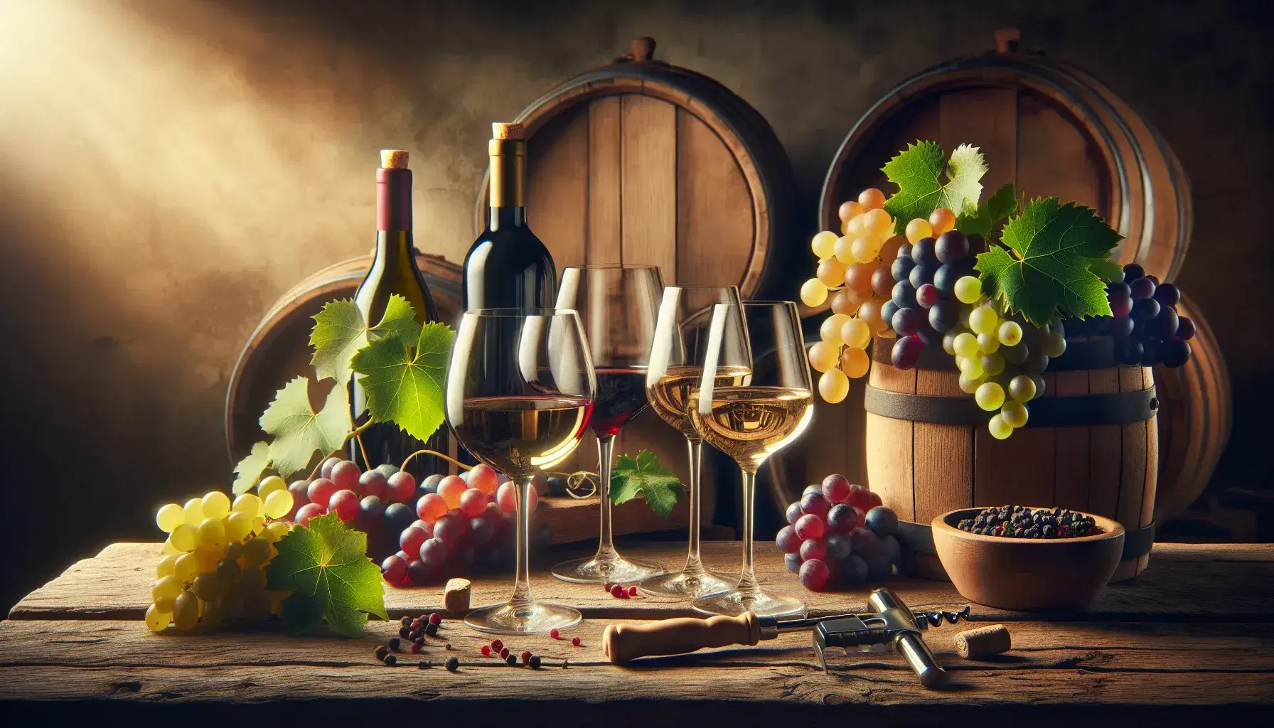 Tavolo rustico con bicchieri di vino di varie tonalità, grappoli d'uva, foglie di vite, botti sullo sfondo e accessori per il vino.