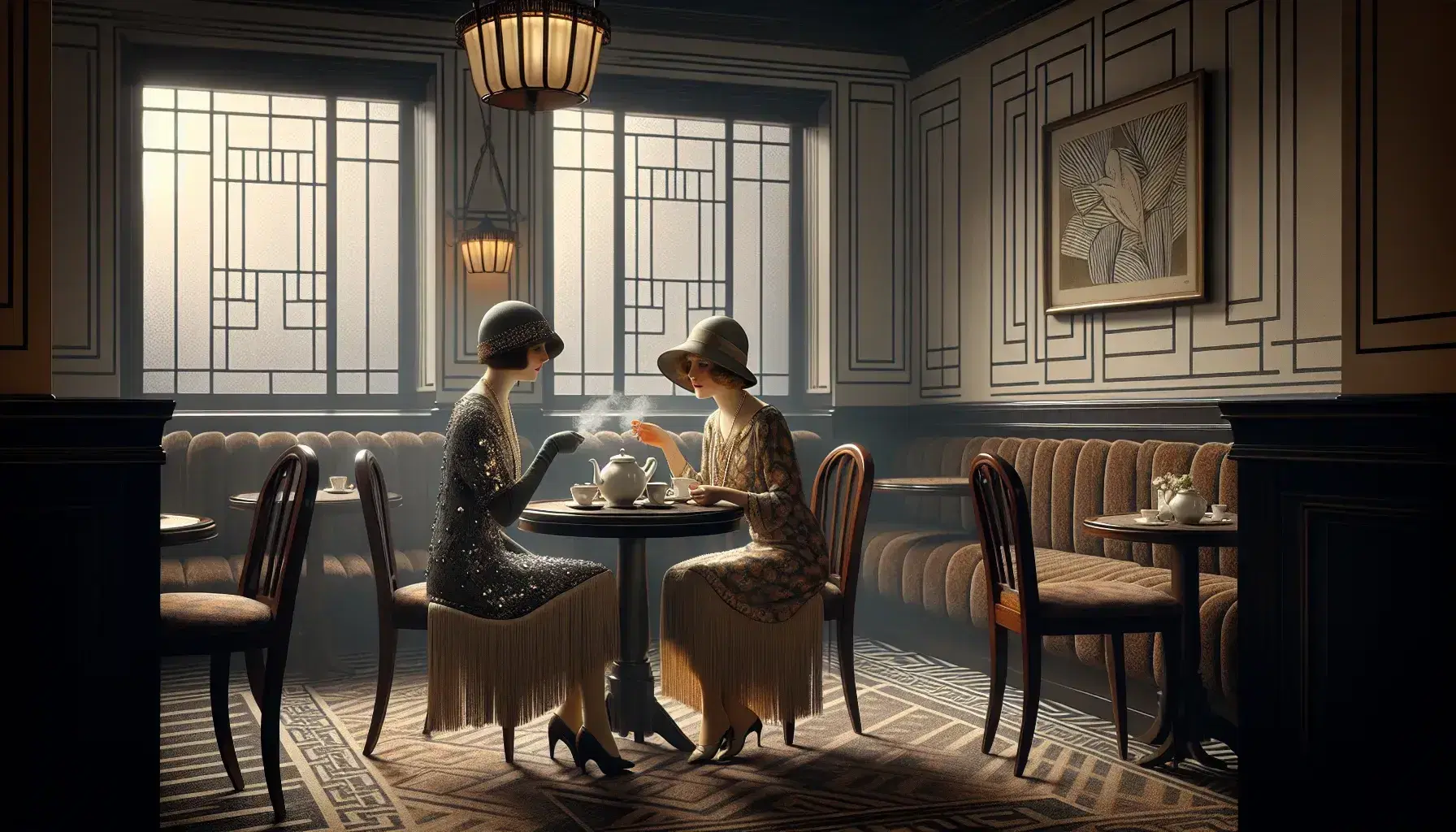 Two women in 1920s attire seated at a cafe table with a teapot, cups, and Art Deco decor, overlooking a Harlem Renaissance street scene.