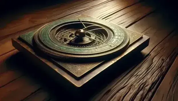 Astrolabio antiguo de bronce con patrones geométricos grabados, apoyado en superficie de madera oscura, reflejando una iluminación suave que resalta su textura tridimensional.