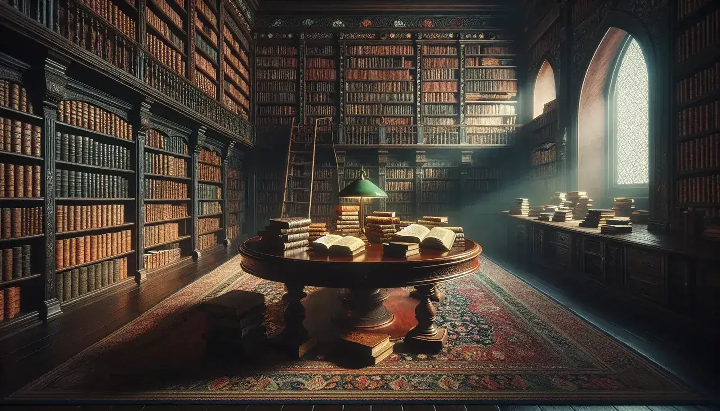 Biblioteca antica con scaffali in legno scuro pieni di libri rilegati, tavolo ovale al centro, lampada e scala, tappeto persiano sul pavimento.