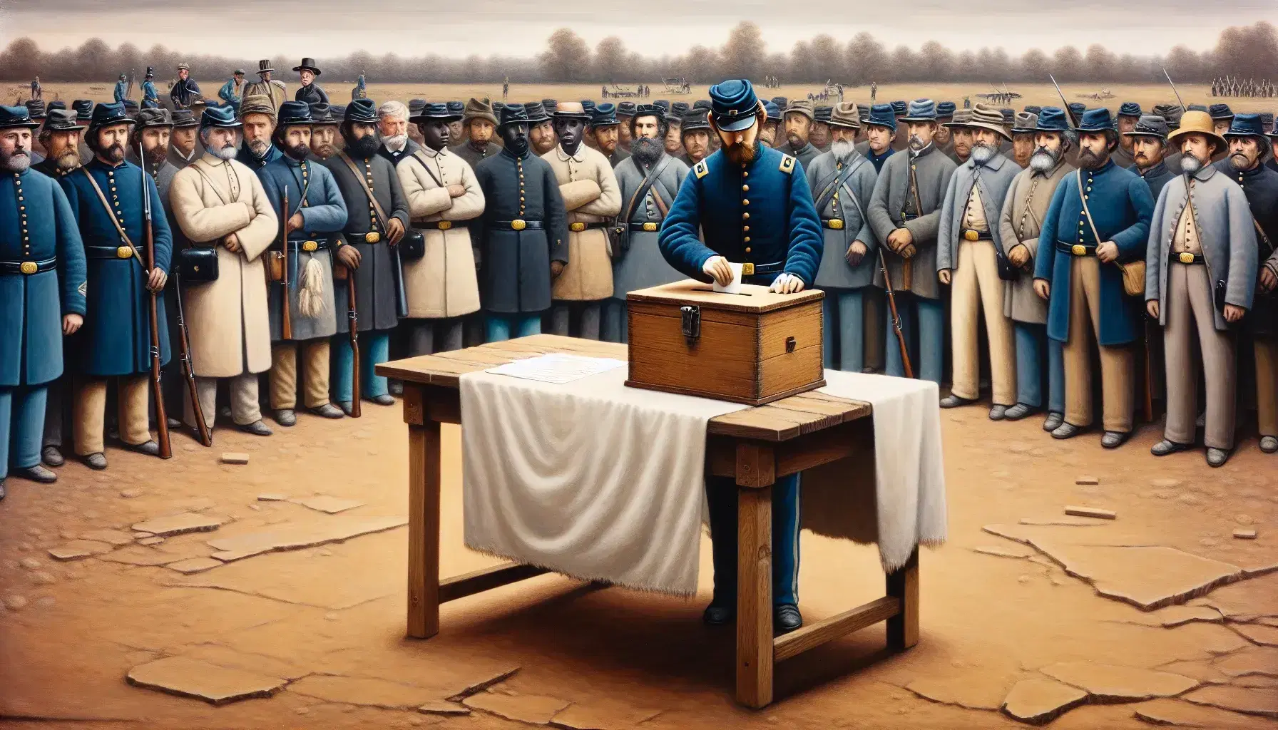 Union soldiers in Civil War uniforms line up to vote at a battlefield polling station with a wooden ballot box on a table, overseen by a fellow soldier.