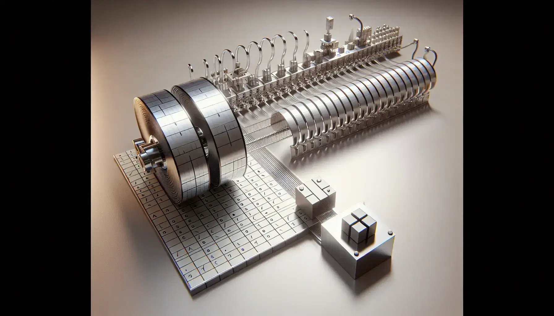 Theoretical Turing machine with ribbon, mechanical head and state registers, manipulated symbols on light gray reflective surface.