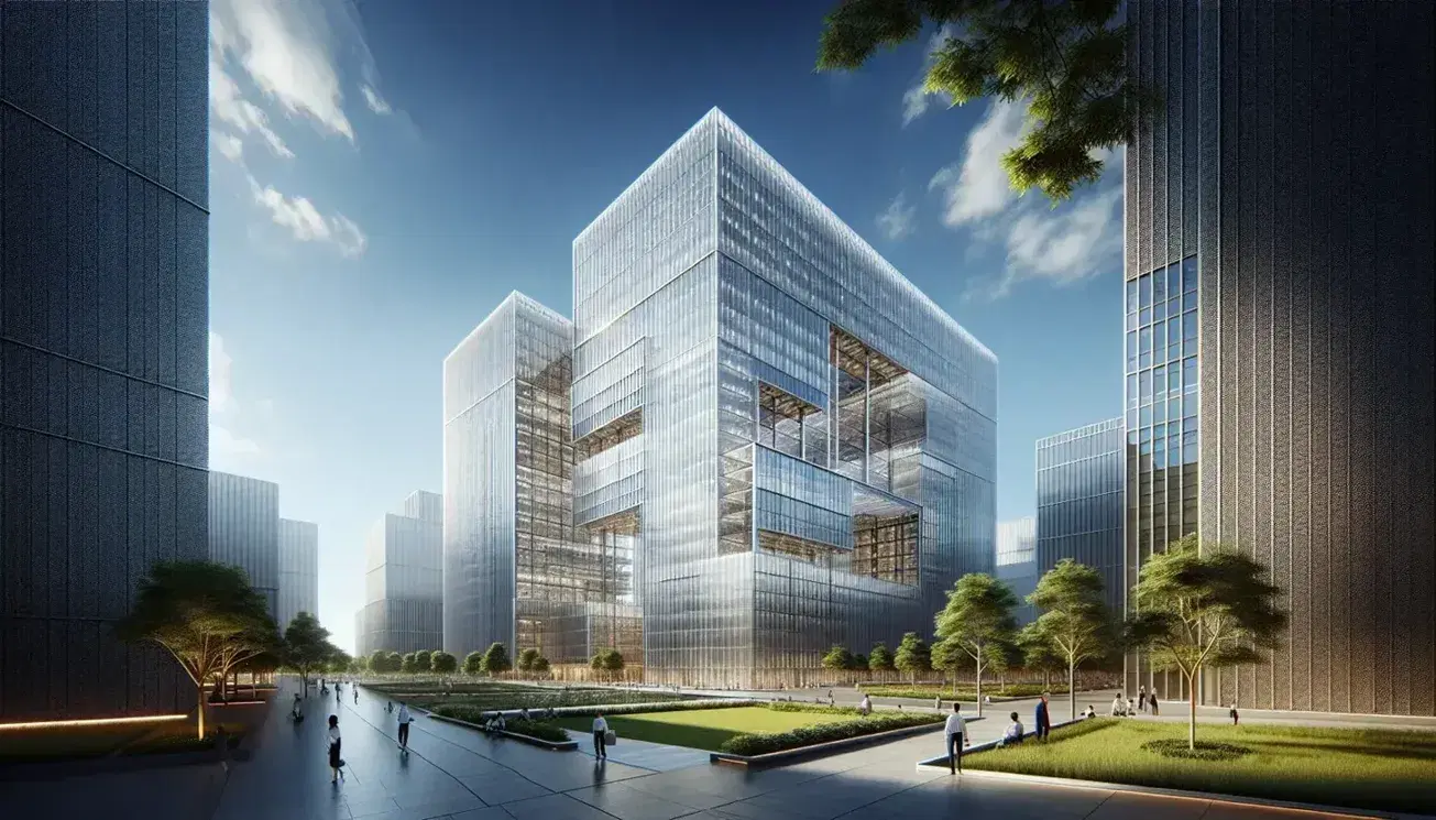 Modern glass skyscraper with reflective facade under blue sky, surrounded by green space and people walking on pathway.