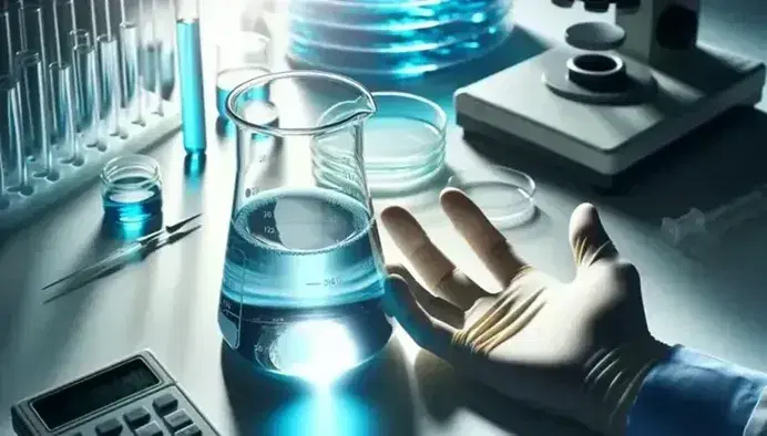 Hand in white latex glove holds a glass flask with blue liquid in the laboratory, with pipette and Petri dishes in the background.