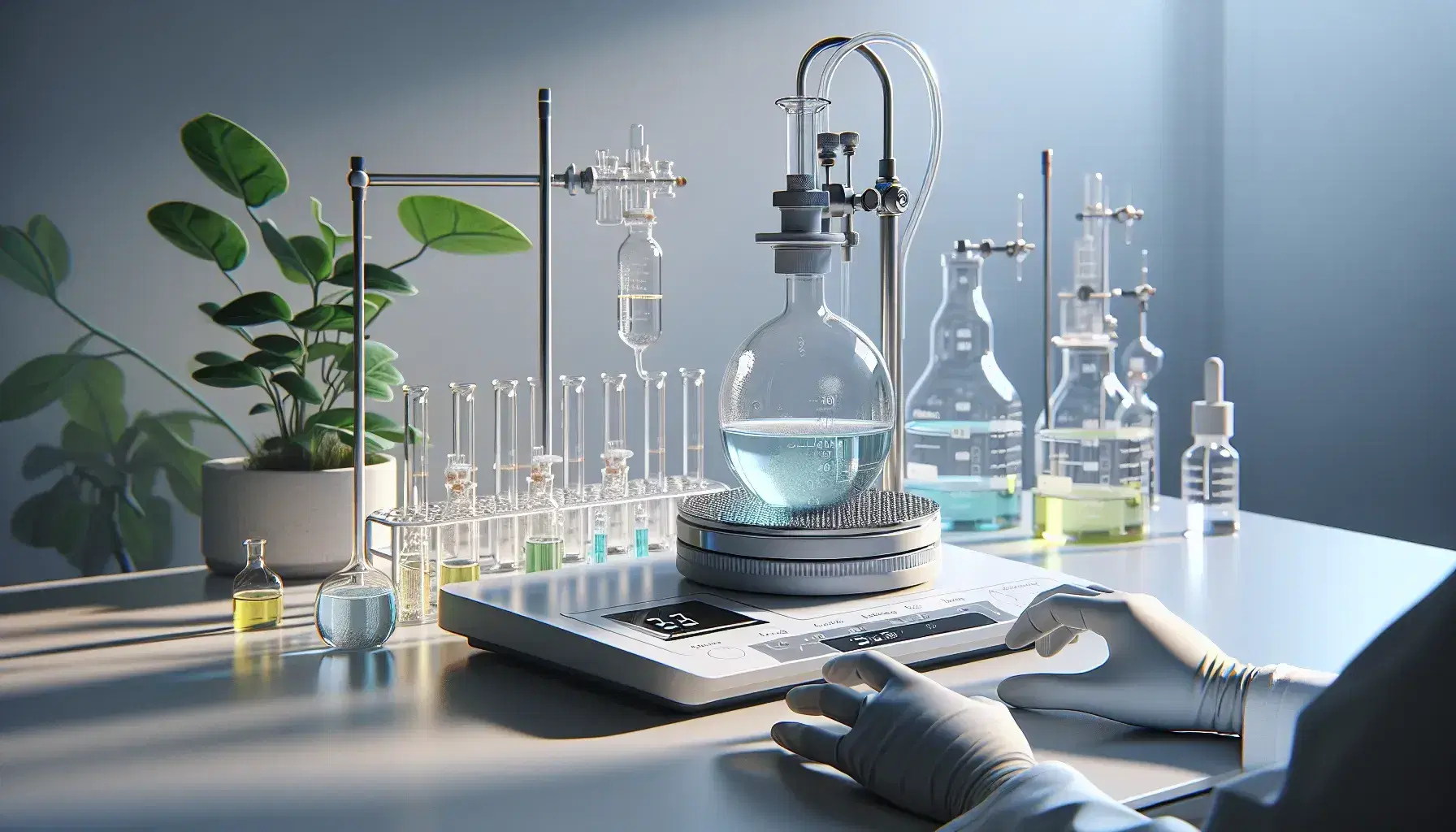 Hands protected by gloves adjust a beaker with blue liquid on a digital hotplate in the laboratory, with a green plant and colored test tubes in the background.