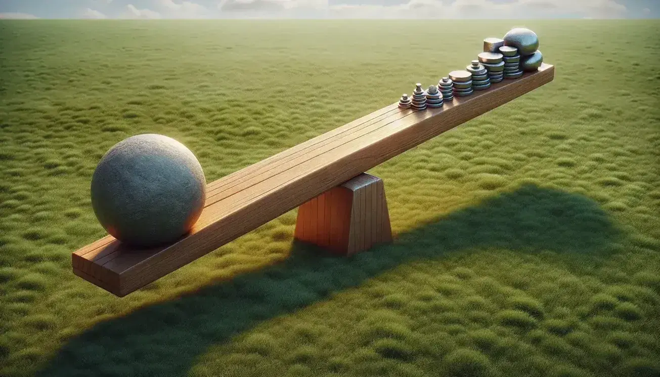 Balanced wooden seesaw with a large gray boulder on one end and an equal weight of shiny metal weights on the other, set in a grassy park with a clear sky.