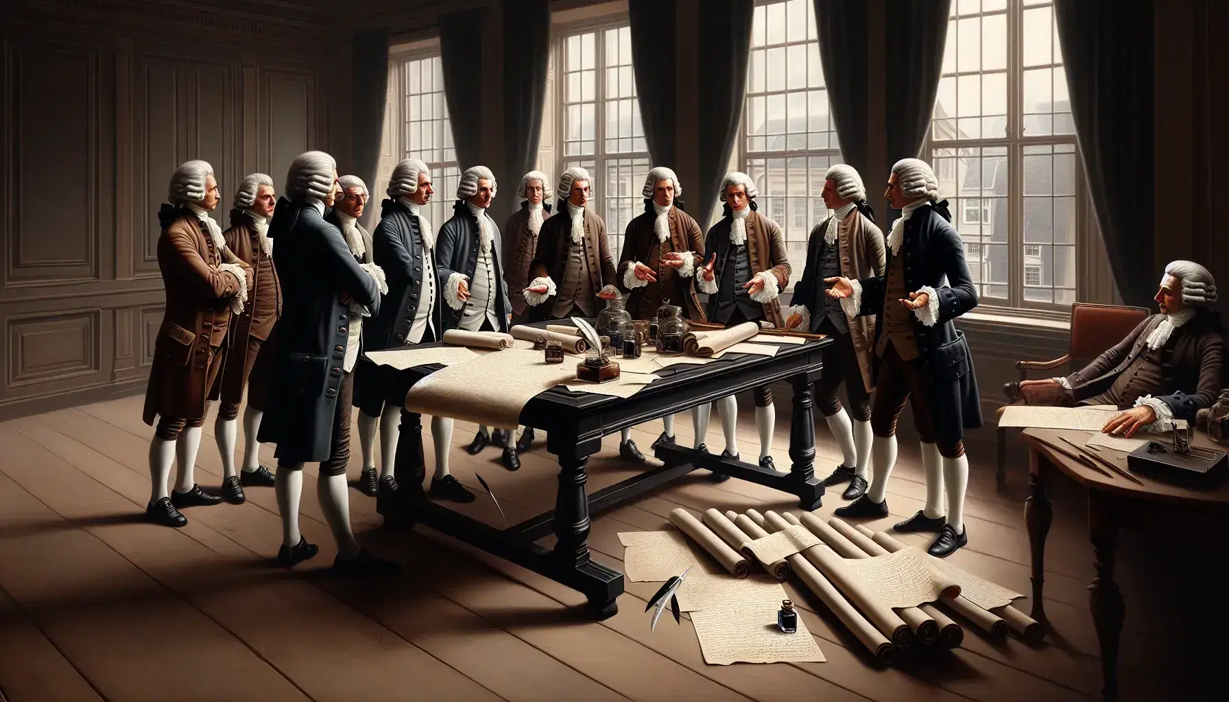 Grupo de hombres del siglo XVIII alrededor de una mesa con documentos, plumas y tintas, vestidos con trajes de época y pelucas, en una habitación iluminada por la luz natural.