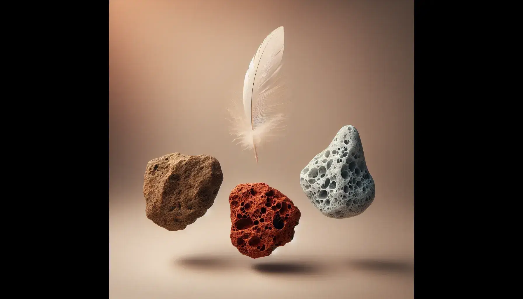 Cuatro piedras naturales representan los elementos clásicos tierra, aire, fuego y agua, dispuestas armónicamente sobre superficie neutra con iluminación suave.