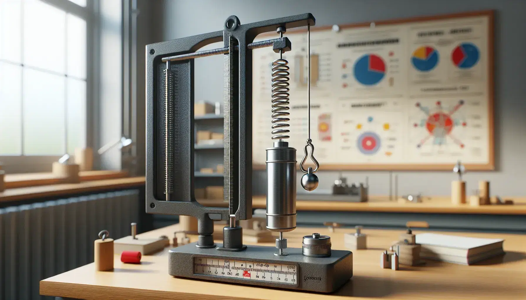 Banco di laboratorio di fisica con bilancia a molla e dinamometro classico, pesi attaccati e poster di forze sullo sfondo.
