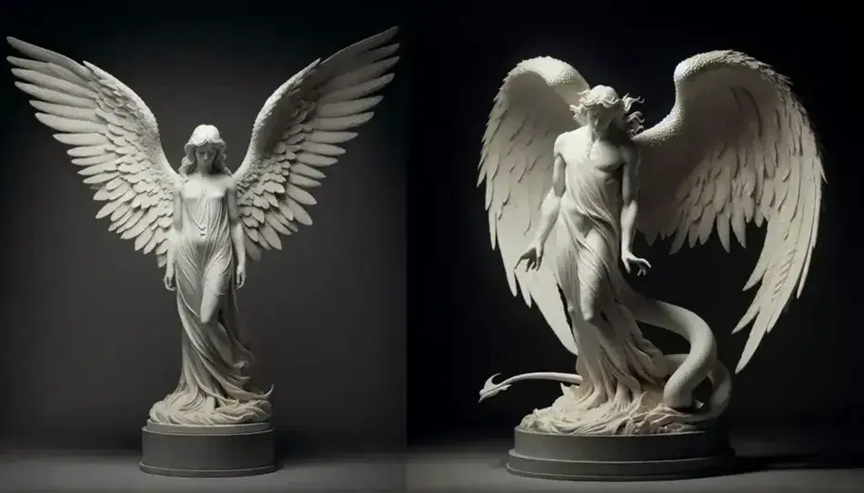 Escultura de mármol blanco de un ángel con alas desplegadas y demonio contorsionado con cuernos, ambas figuras sobre pedestales de piedra gris, iluminadas suavemente.