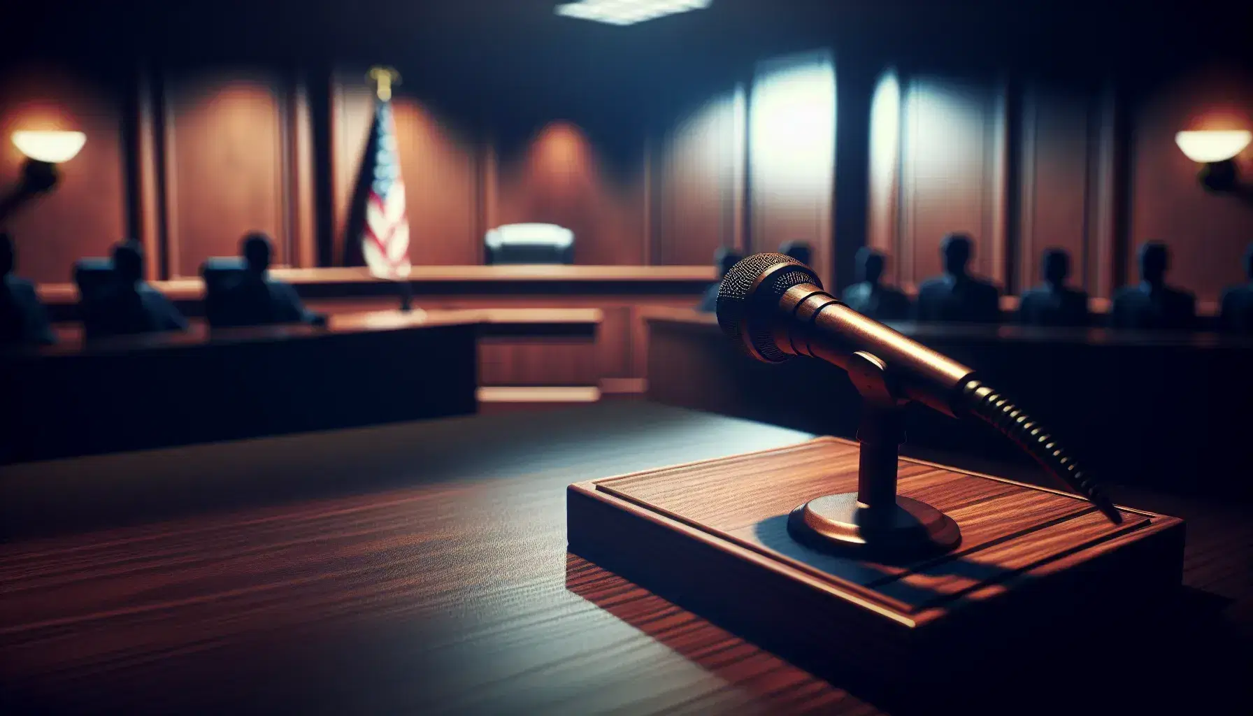 Court scene with wooden witness stand and microphone, blurred background with american flag and judge's bench, soft lighting.