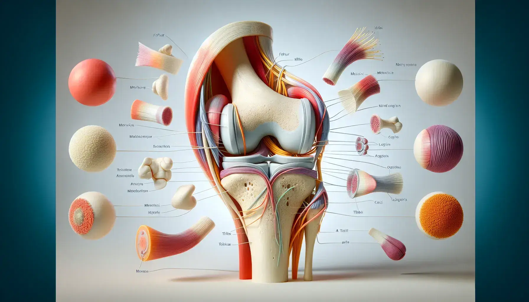 Vista esplosa dettagliata dell'articolazione del ginocchio umano con femore, menischi, tibia e legamenti evidenziati su sfondo neutro.