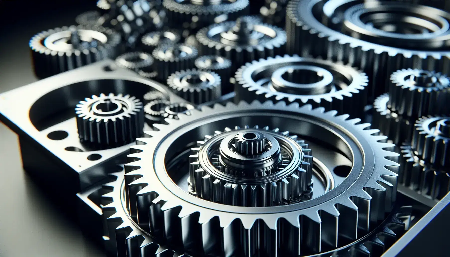 Close-up of a complex mechanical gear system with silver cogwheels fitting together perfectly, on dark blurred background.