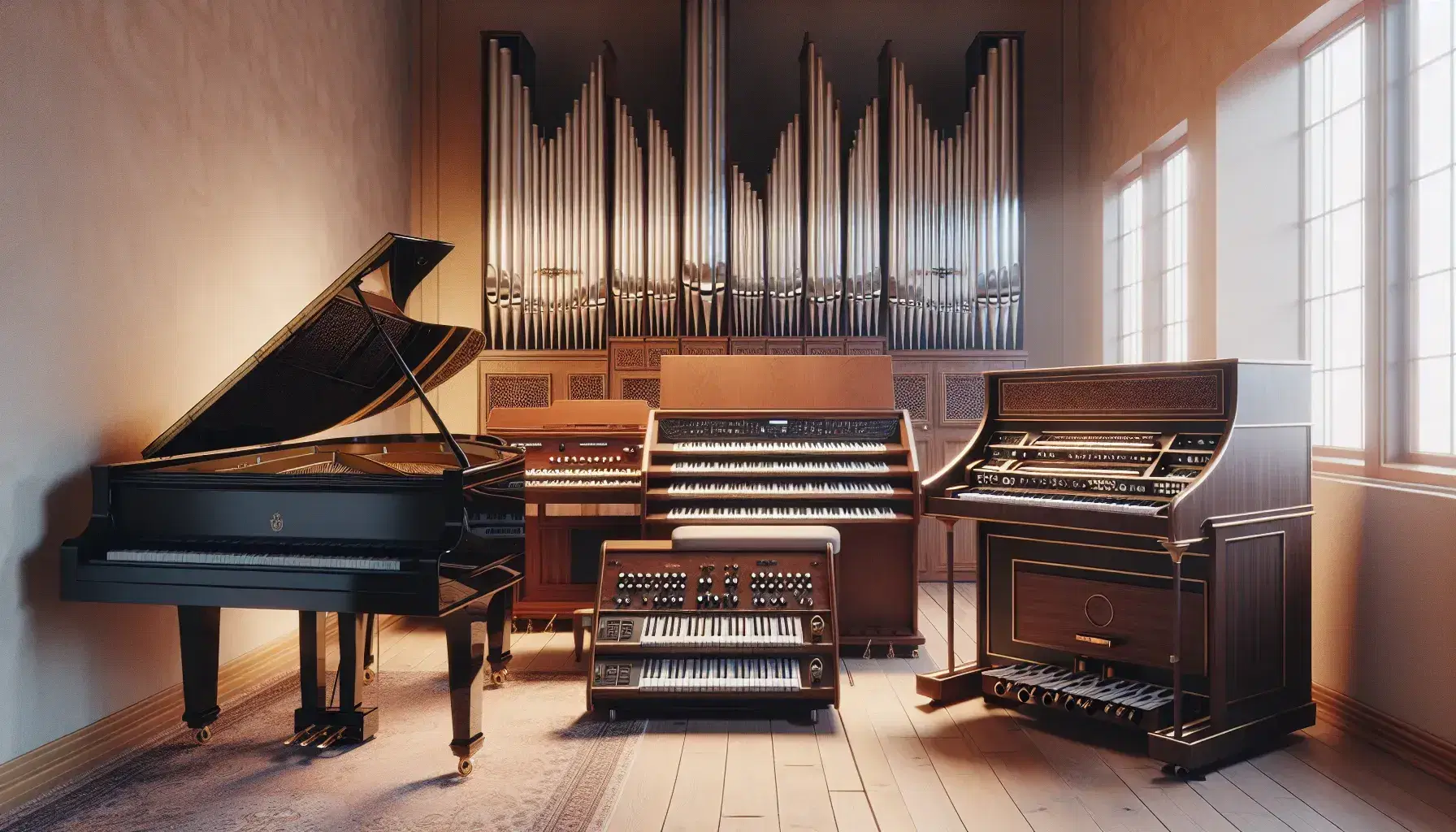 Strumenti a tastiera in fila con pianoforte a coda, clavicembalo, organo a canne e tastiera elettronica in una sala illuminata.