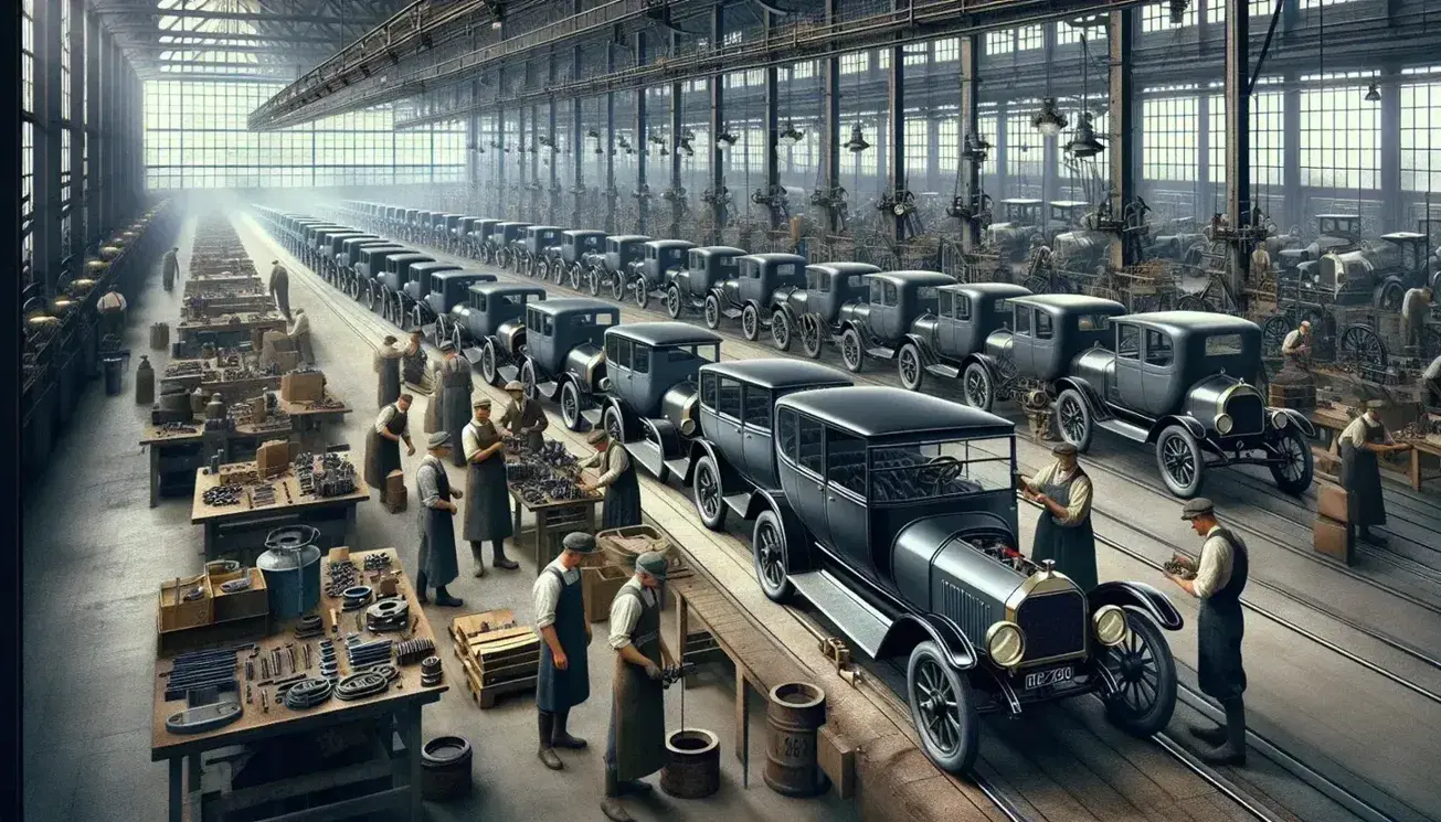 Línea de montaje de principios del siglo XX en fábrica de automóviles con trabajadores ensamblando coches antiguos bajo luz natural y artificial.