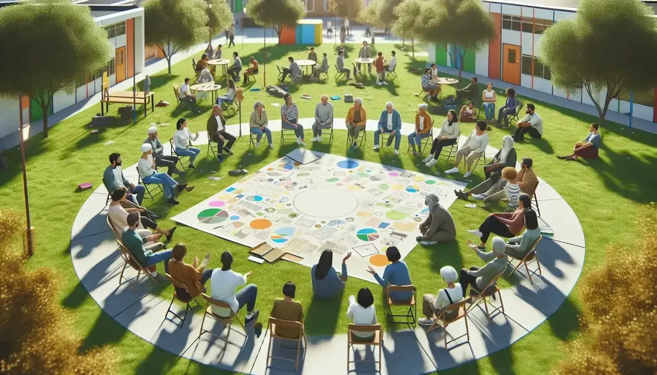 Grupo multicultural de adultos en reunión al aire libre, sentados en sillas y en el césped, discutiendo papeles en un parque con árboles y edificios al fondo.