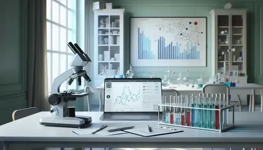 Laboratorio scientifico con microscopio moderno, provette colorate e laptop con grafico, ambiente luminoso e ordinato.