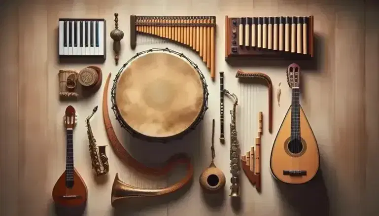 Colección de instrumentos musicales antiguos y modernos, incluyendo un tambor de mano, flauta de pan, lira de madera, laúd, saxofón de bronce y teclado electrónico.